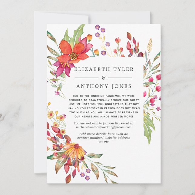 Aquarelle Wild Blume Wedding Reduced Guest List Ankündigung (Vorderseite)