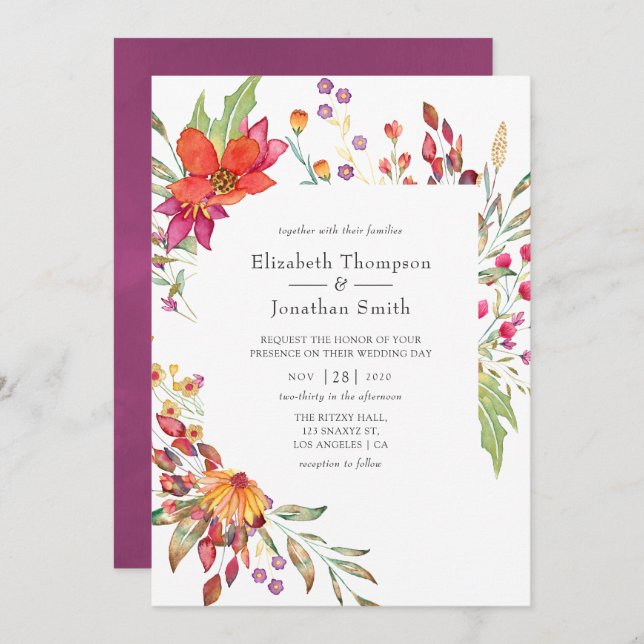 Aquarelle Wilde Blume Hochzeit Einladung (Vorne/Hinten)