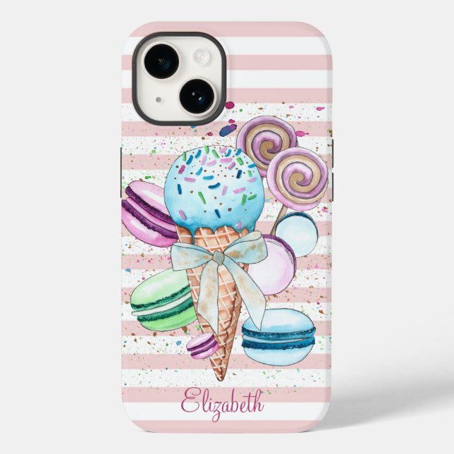 Aquarelleis, Macaroons, rosa Streifen Case-Mate iPhone Hülle (Rückseite)