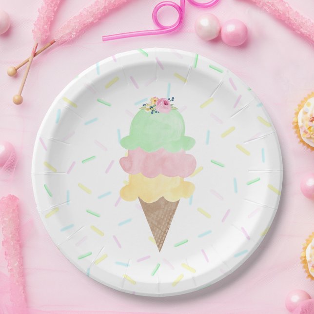 Aquarelleis Pappteller (Watercolor Ice Cream Sprinkle Paper Plates for Bridal Shower, Birthday or Baby Shower Party)