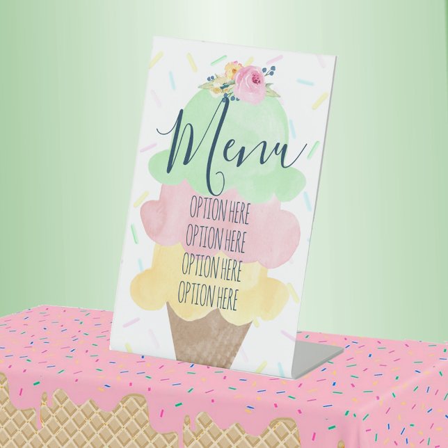 Aquarelleis Party Kleines Menü Sockelschild (Menu Watercolor Ice Cream Bridal Shower or Baby Shower Pedestal Table Sign)