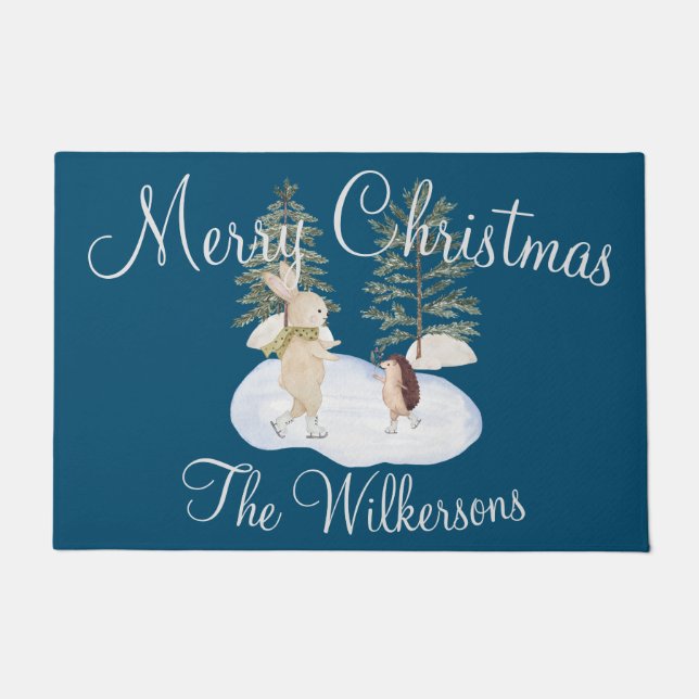 Aquarelleis-Skaten-Waldtiere auf blauem Grund Fußmatte (Vorderseite)