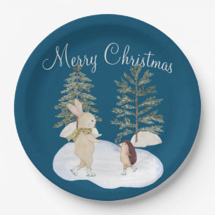 Aquarelleis-Skaten-Waldtiere auf blauem Grund Pappteller