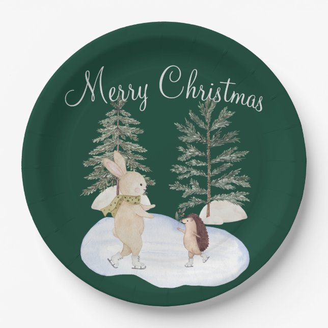 Aquarelleis Skaten-Waldtiere auf grünen Flächen Pappteller (Vorderseite)