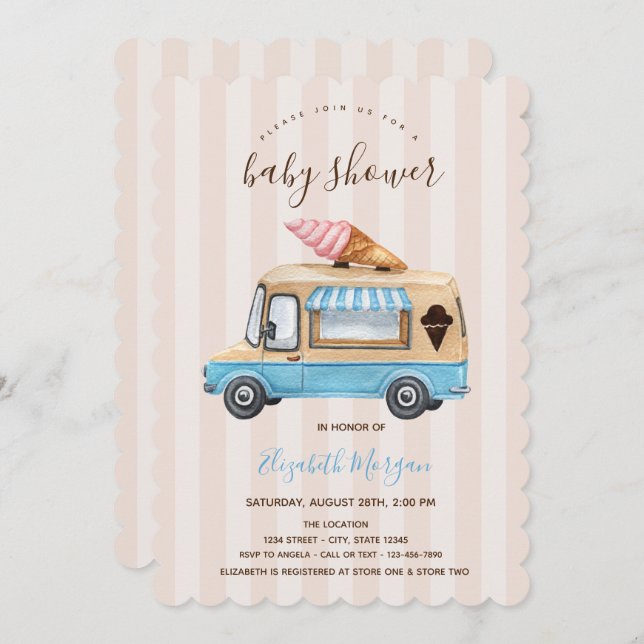 Aquarelleis Truck Stripte Babydusche Einladung (Vorne/Hinten)