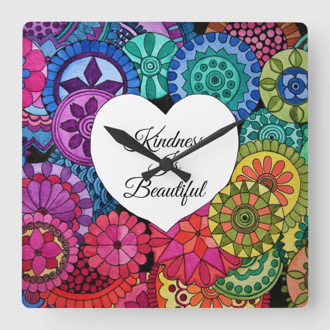Aquarellenbogen Mandala mit Herz Quadratische Wanduhr (Vorderseite)