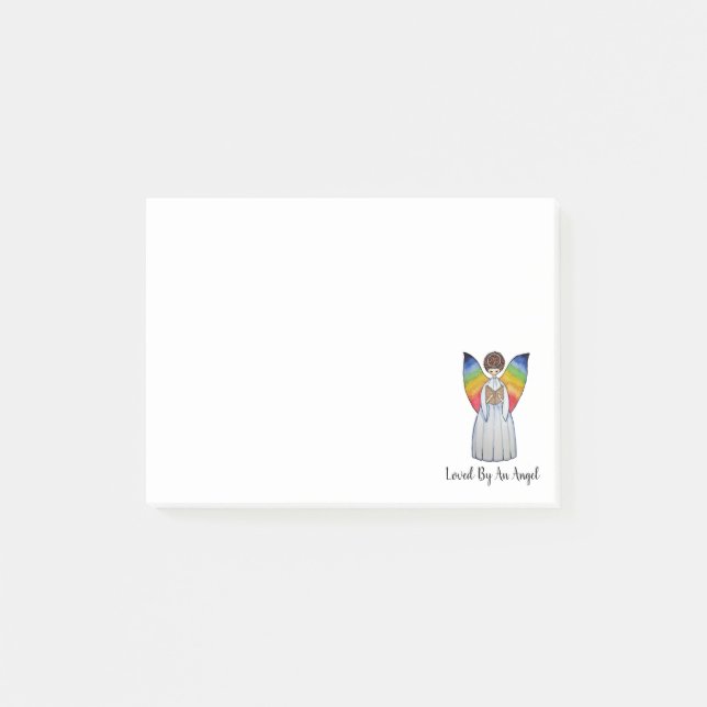Aquarellengel mit Regenbogen-Flügeln Lesen eines B Post-it Klebezettel (Vorderseite)