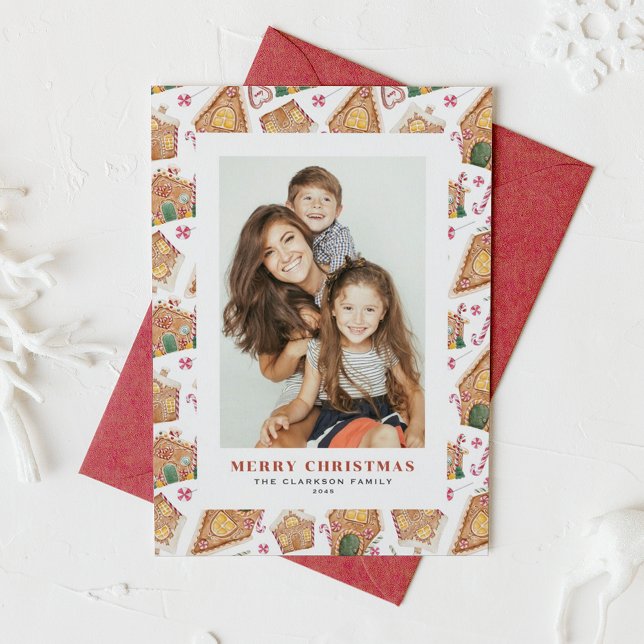 Aquarellenhäuser Foto Weihnachten (Festive Gingerbread House White Photo Christmas Holiday Card)