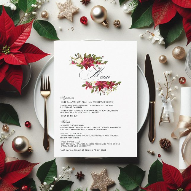 Aquarellenheirat und Heiligabend Menükarte (Watercolor Poinsettia and Holly Christmas Wedding Menu)