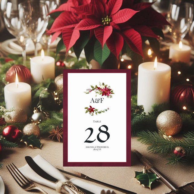 Aquarellenheirat und Heiligabend Tischnummer (Watercolor Poinsettia and Holly Christmas Wedding Table Number)