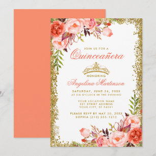 Aquarellenkoralle Quinceanera Gold Glitzer Einladung