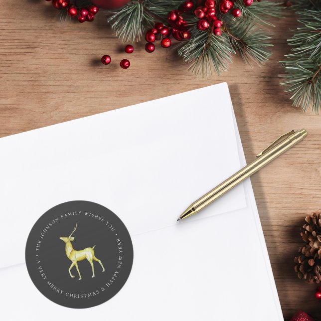 Aquarellenredeer Frohe Weihnachtsfamilie Name Runder Aufkleber (Von Creator hochgeladen)