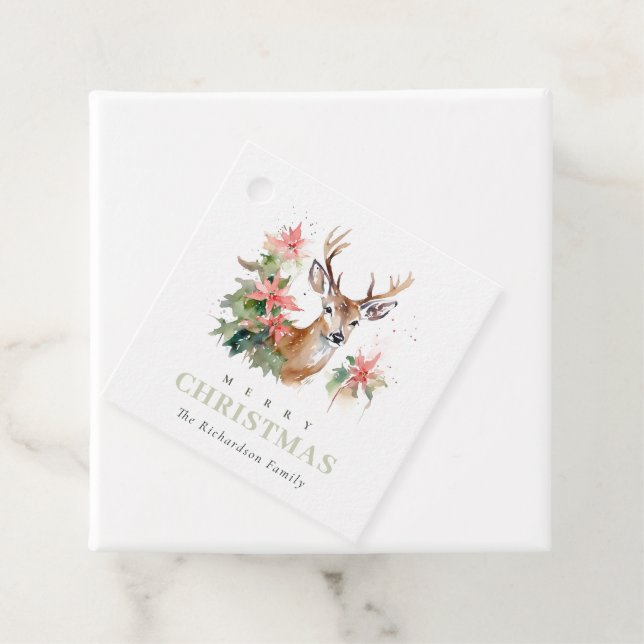 Aquarellenredeer Poinsettia Weihnachtsfolien Geschenkanhänger (Beispiel)