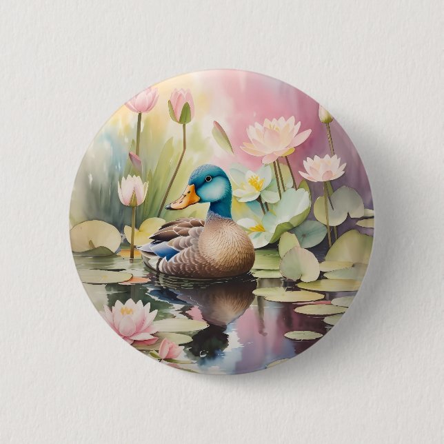 Aquarellente auf einem Teich Button (Vorderseite)