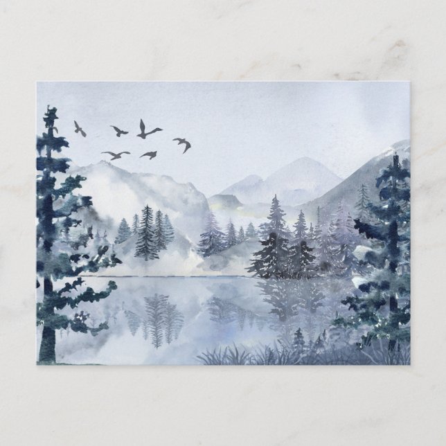 Aquareller Bergsee Winterlandschaft Feiertagspostkarte (Vorderseite)