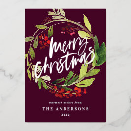 Aquareller Berries und Grüner Kranz Weihnachten Folien Feiertagskarte