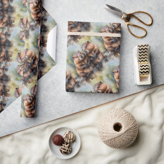 Aquareller Biber kombiniert Tiermuster Art Geschenkpapier (Kunsthandwerk)