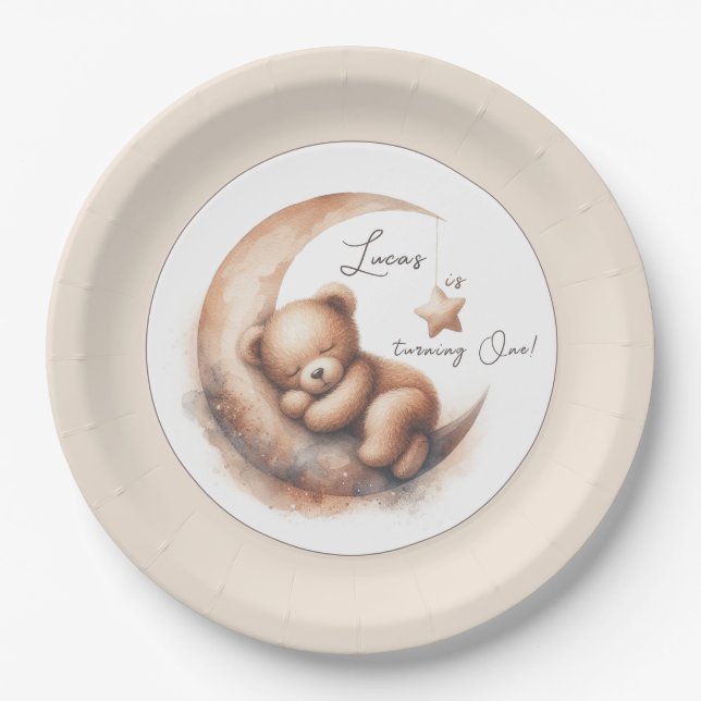 Aquareller Braunbär auf dem Mond Pappteller (Vorderseite)