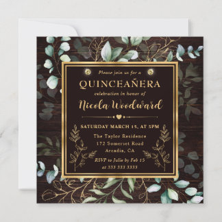 Aquareller Eukalyptus und Goldrahmen Quinceanera Einladung