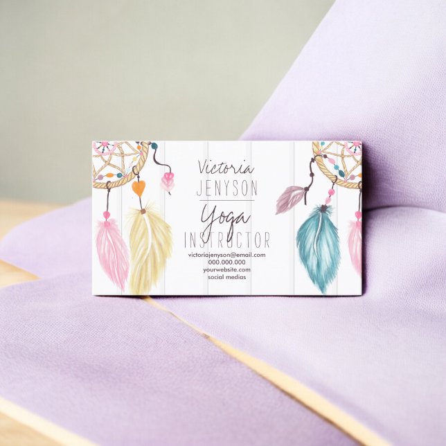 Aquareller-Federn Holzyoga Visitenkarte (Watercolor dreamcatcher feathers wood yoga business card)