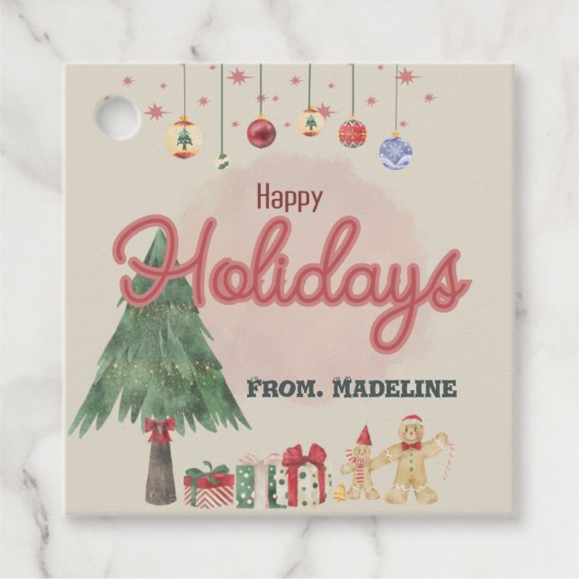 Aquareller Ferienbaum im Retro-Stil Gefallen Box Geschenkanhänger (Vorderseite)