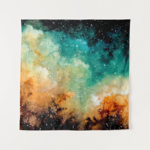 Aquareller Gelber Nebel, Sterne und Dunkle Farbe Wandteppich