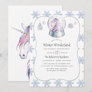 Aquareller Glitzer Unicorn Winterurlaub Geburtstag Einladung