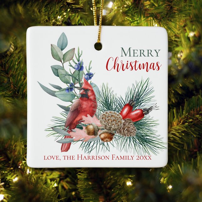 Aquareller Kardinal Frohe Weihnachtsfeier Keramikornament (Watercolor Cardinal Merry Christmas Ornament
)