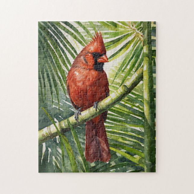 Aquareller Kardinal in einer Palme Puzzle (Vertikal)