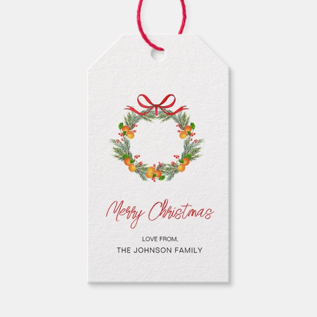 Aquareller Kranz mit rotem Bug Weihnachten Geschenkanhänger (Vorderseite)