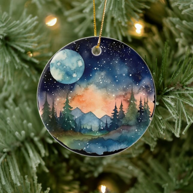 Aquareller Nachthemd im Wald mit Vollmond Keramik Ornament (Baum)