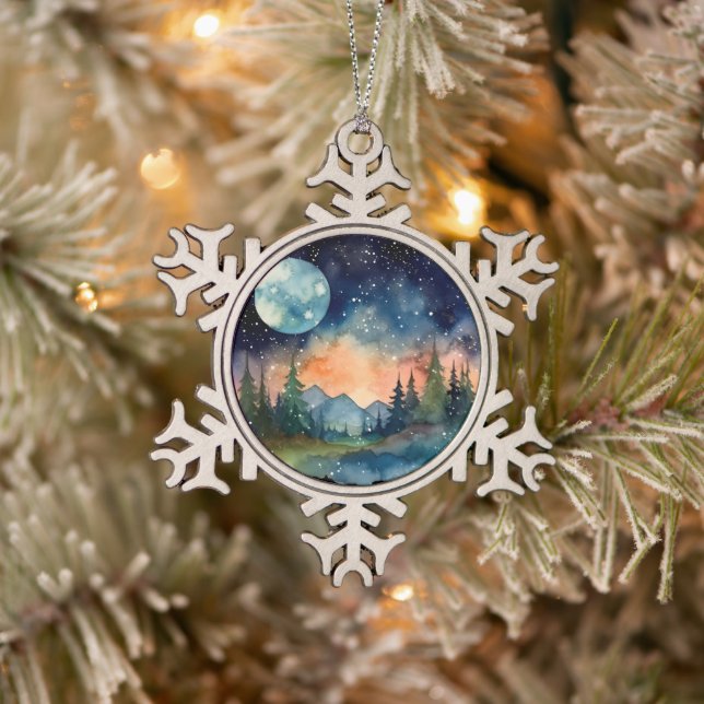 Aquareller Nachthemd im Wald mit Vollmond Schneeflocken Zinn-Ornament (Baum)
