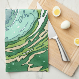 Aquareller Olivenwald Grüne Aquamarine Meereswelle Geschirrtuch
