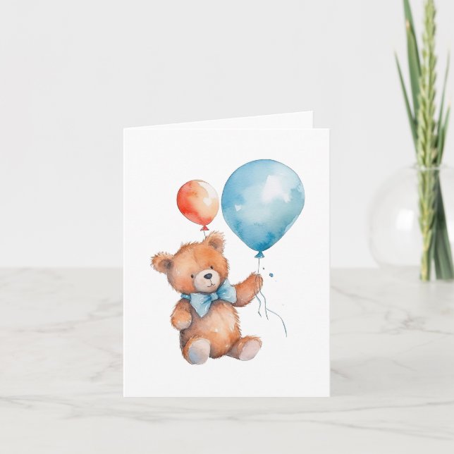Aquareller Orange & Blue Balloons Brown Teddy Bear Karte (Vorderseite)