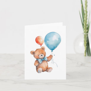 Aquareller Orange & Blue Balloons Brown Teddy Bear Karte