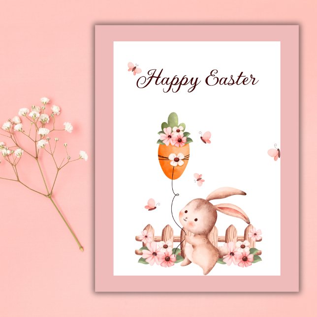Aquareller Oster Bunny Carrot Balloon Butterfly Postkarte (Watercolor Easter Bunny Carrot Balloon Butterfly Postcard)