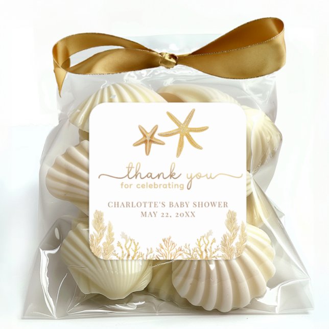 Aquareller Ozean Kleine Perle Baby Dusche Gefallen Quadratischer Aufkleber (Thank You Sticker)