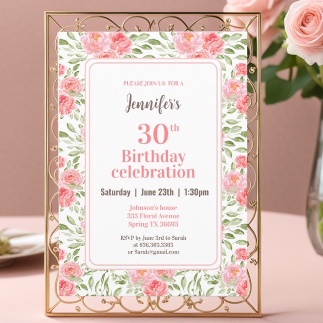 Aquareller Peony Floral Peach 30. Geburtstag Einladung (Watercolor Peony Floral Pink Peach 30th Birthday Invitation)