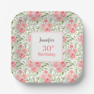 Aquareller Peony Floral Peach 30. Geburtstag Pappteller