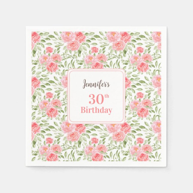 Aquareller Peony Floral Peach 30. Geburtstag Serviette (Vorderseite)