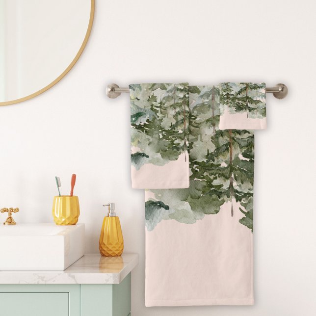 Aquareller Pinienwald und Berg Rustikales Bad Badhandtuch Set (In situ bathroom)