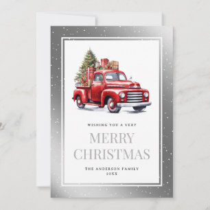 Aquareller Red Truck Silver Snowy Weihnachten