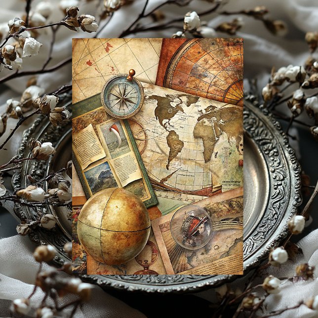 Aquareller Retrokompass Alte Landkarte Fotos Seidenpapier (Watercolor travel retro compass old map photos tissue paper)