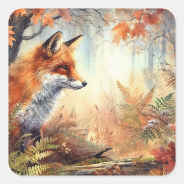 Aquareller Roter Fuchs Herbst Farbe Natur Quadratischer Aufkleber (Vorderseite)
