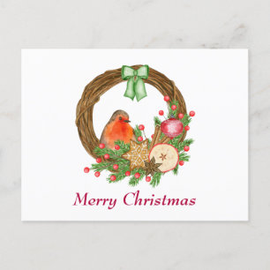 Aquareller Roter Robin und Weihnachten Rustikaler Postkarte