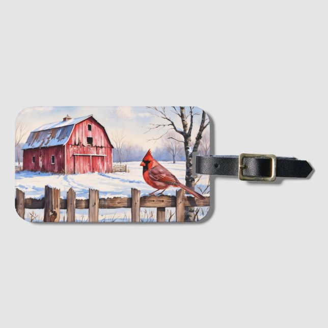 Aquareller Roter Stall und Kardinal Winter Gepäckanhänger (Vorderseite (Horizontal))