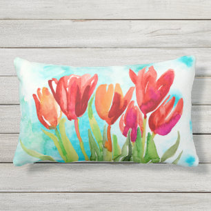 Aquareller Roter Tulip Kissen Für Draußen