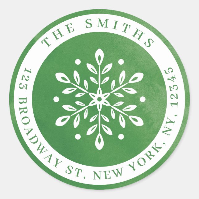Aquareller Schneeflocken Grüne Rücksendeadresse Runder Aufkleber (Vorderseite)