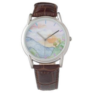 Aquareller Sonnenuntergang über Berge und Bäume Armbanduhr