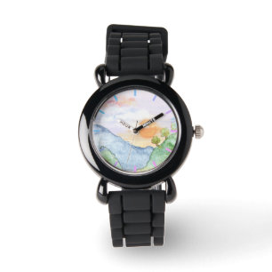Aquareller Sonnenuntergang über Gebirge und Bäume Armbanduhr